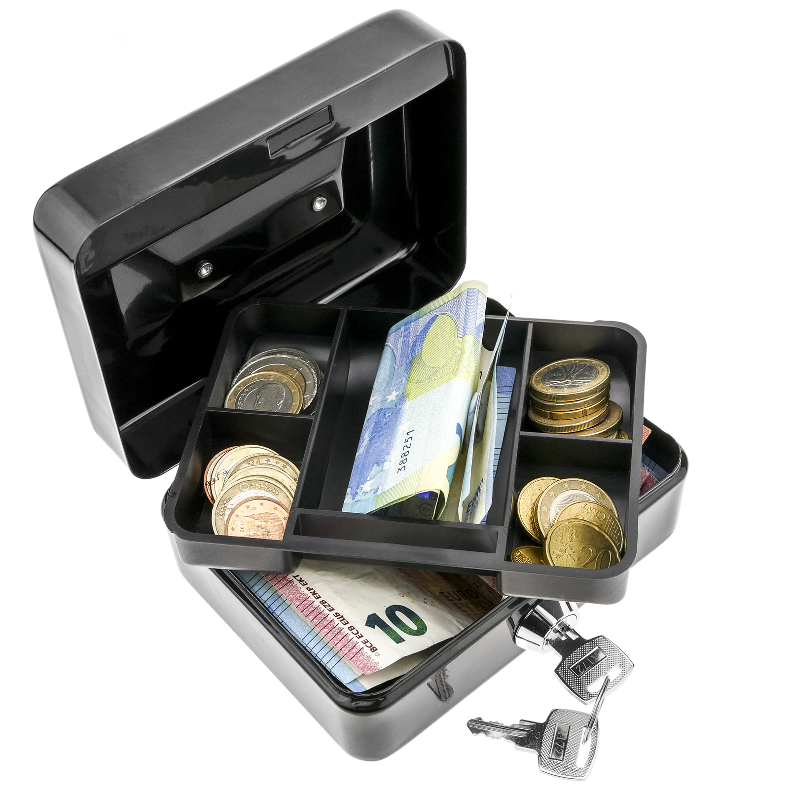 caja de dinero con bandeja de recuento de monedas 30 × 24 × 9 cm 2 asas HMF 10026-07 Caja de caudales gris claro 