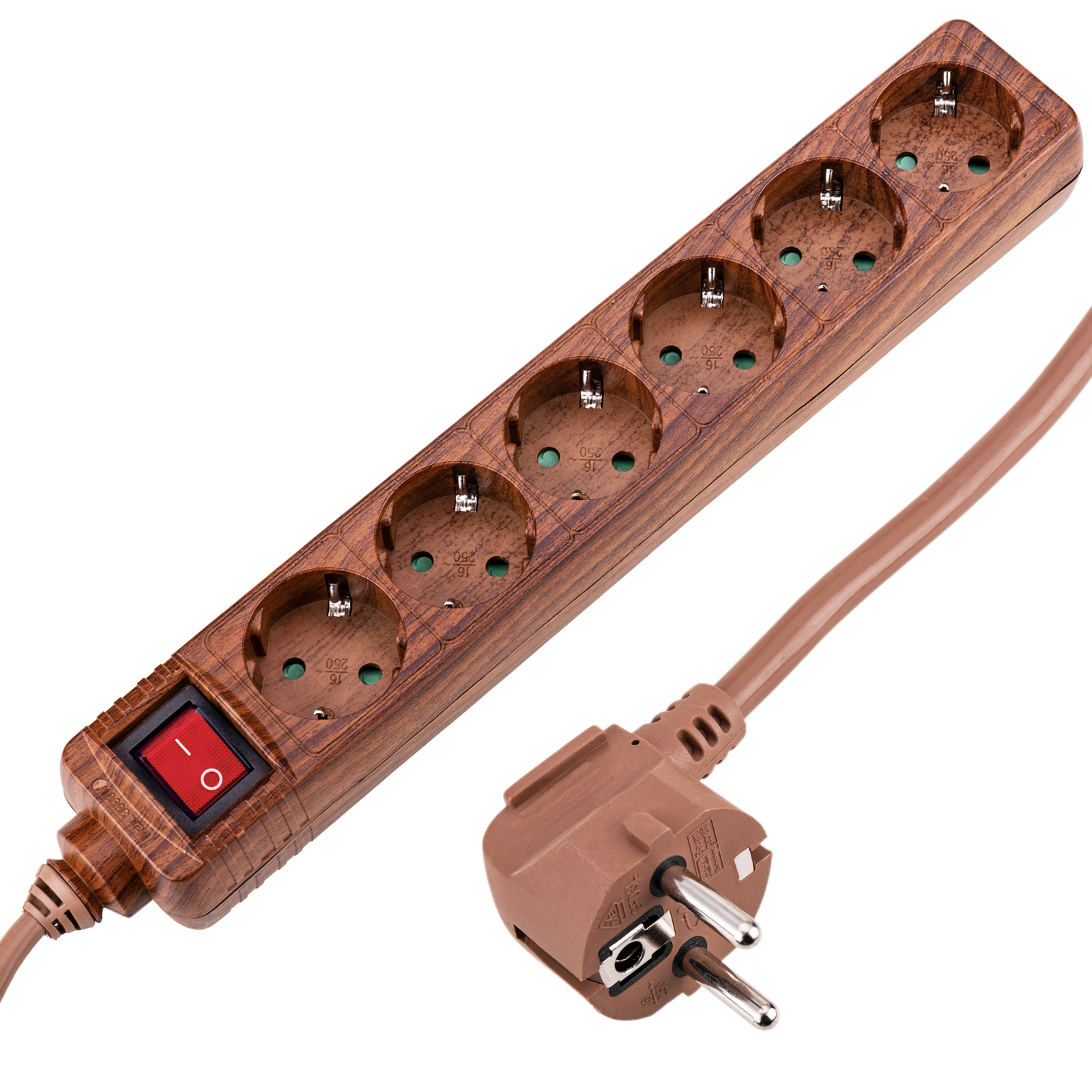 Multipresa di 6 prese 16A 250V legno con cavi elettrici 1.5m - Cablematic