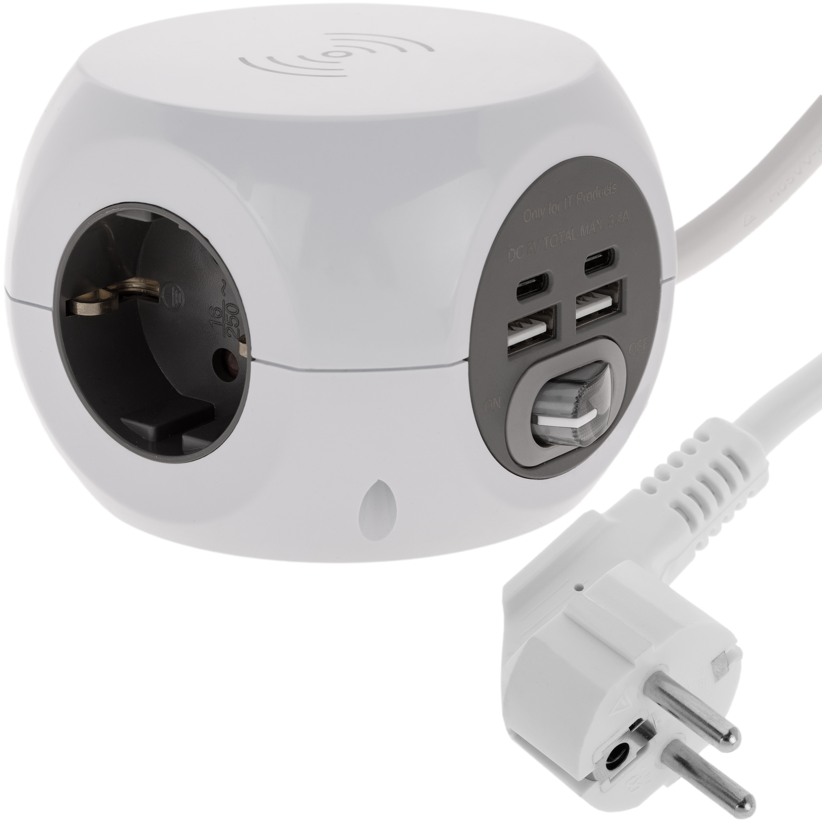 Presa schuko a 3 prese con 2 porte USB, 2 USB-C e ricarica wireless cube  bianco - Cablematic