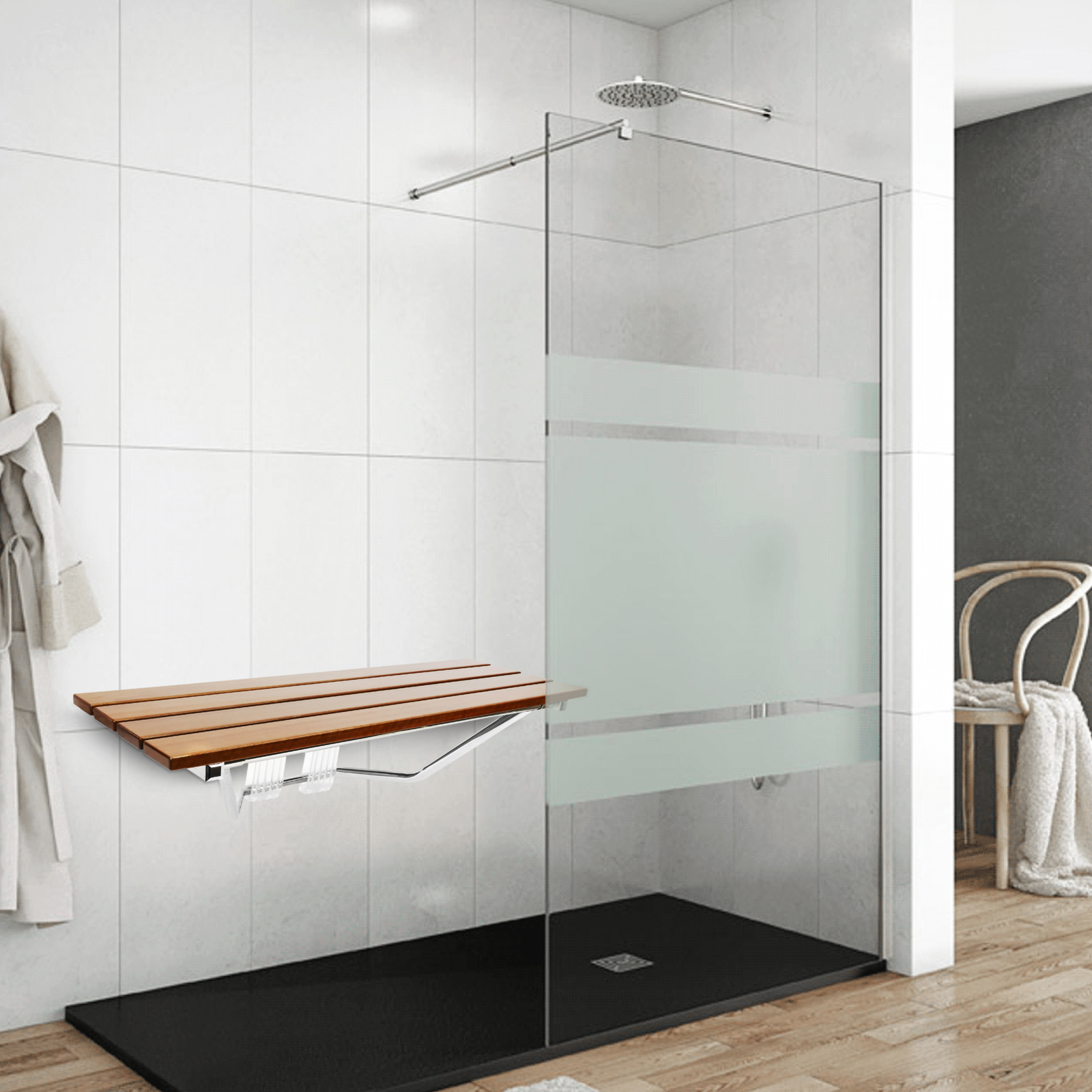  Banco de ducha de bambú en el interior del taburete de ducha  con estante de almacenamiento de espacio eficiente, sillas de baño de  ducha, asientos de spa para baño, ideal para