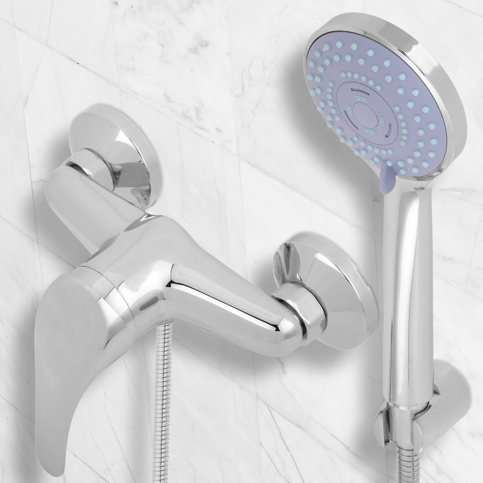 Kit de robinet de douche à poignée unique horizontale chromée à économie d' eau avec pommeau de douche, support et tuyau - Cablematic