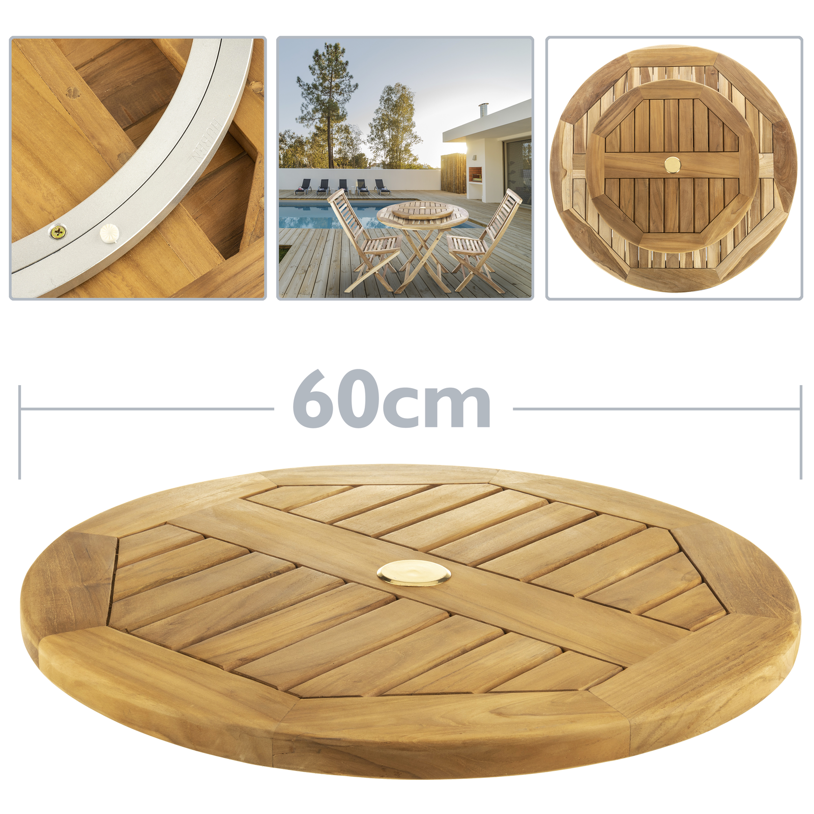 Base girevole 60cm per tavolo da giardino esterno. Piattaforma di rotazione  in legno di teak certificato - Cablematic