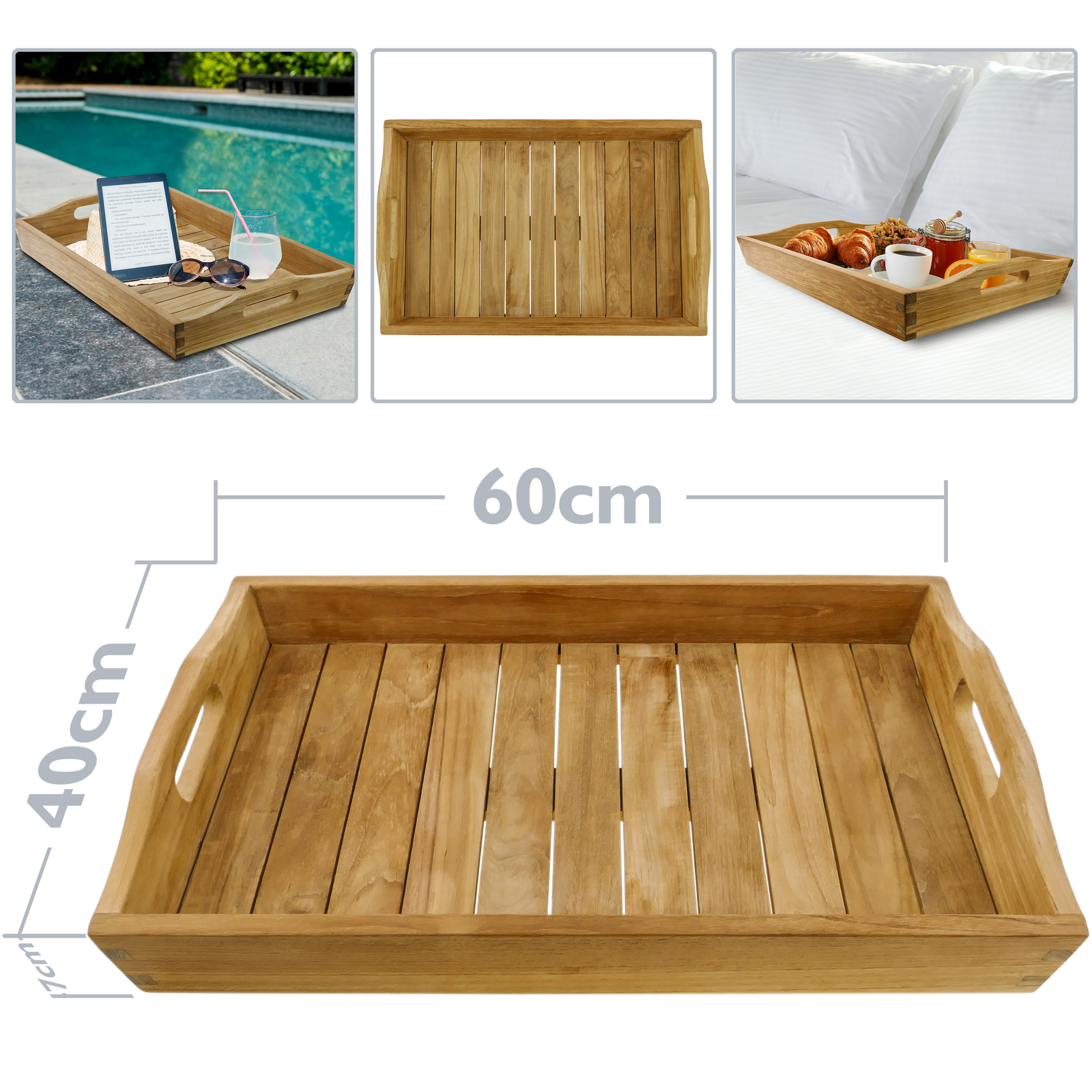 Bandeja para cama 55 x 35 x 5 cm plegable de madera de teca certificada -  Cablematic