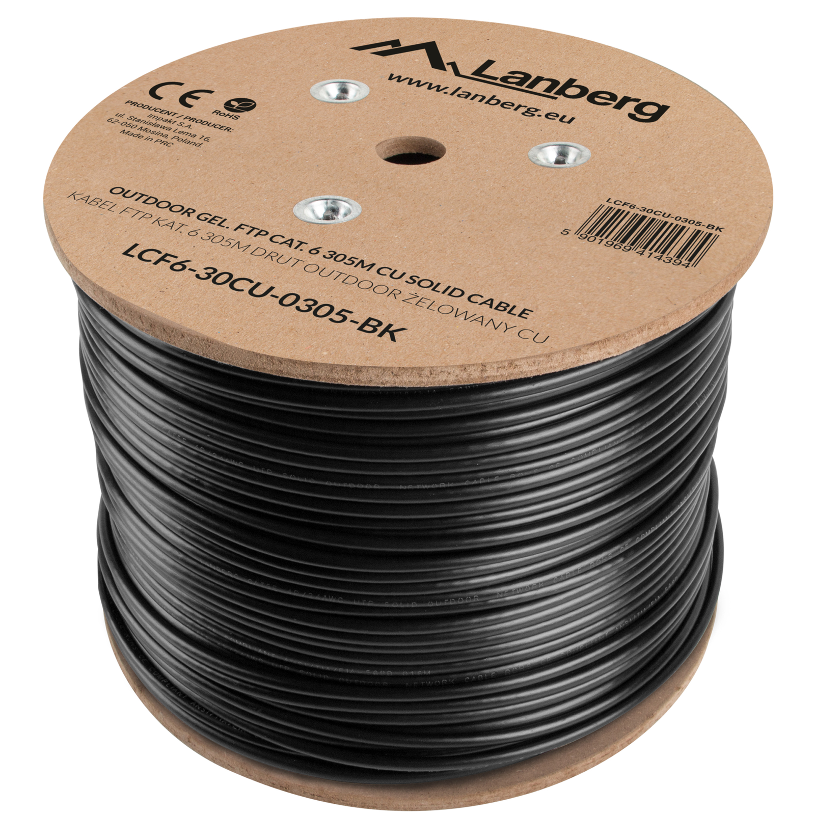 Fluke Tested LCF6-30CU-0305-BK 305m Rigid Black Outdoor Cat 6 FTP Ethernet  Network Cable Reel