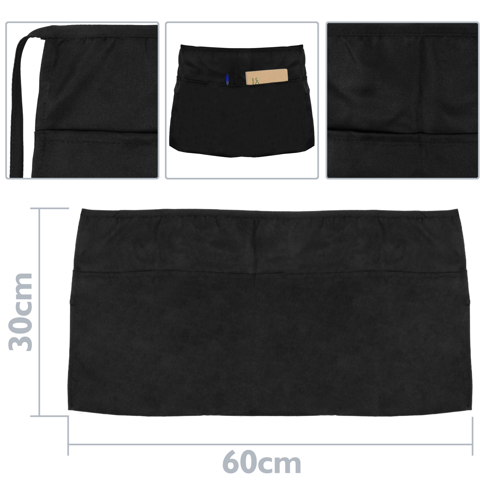 Delantal de camarero 60 x 30 cm negro de cintura corto con 3 bolsillos  3-pack - Cablematic