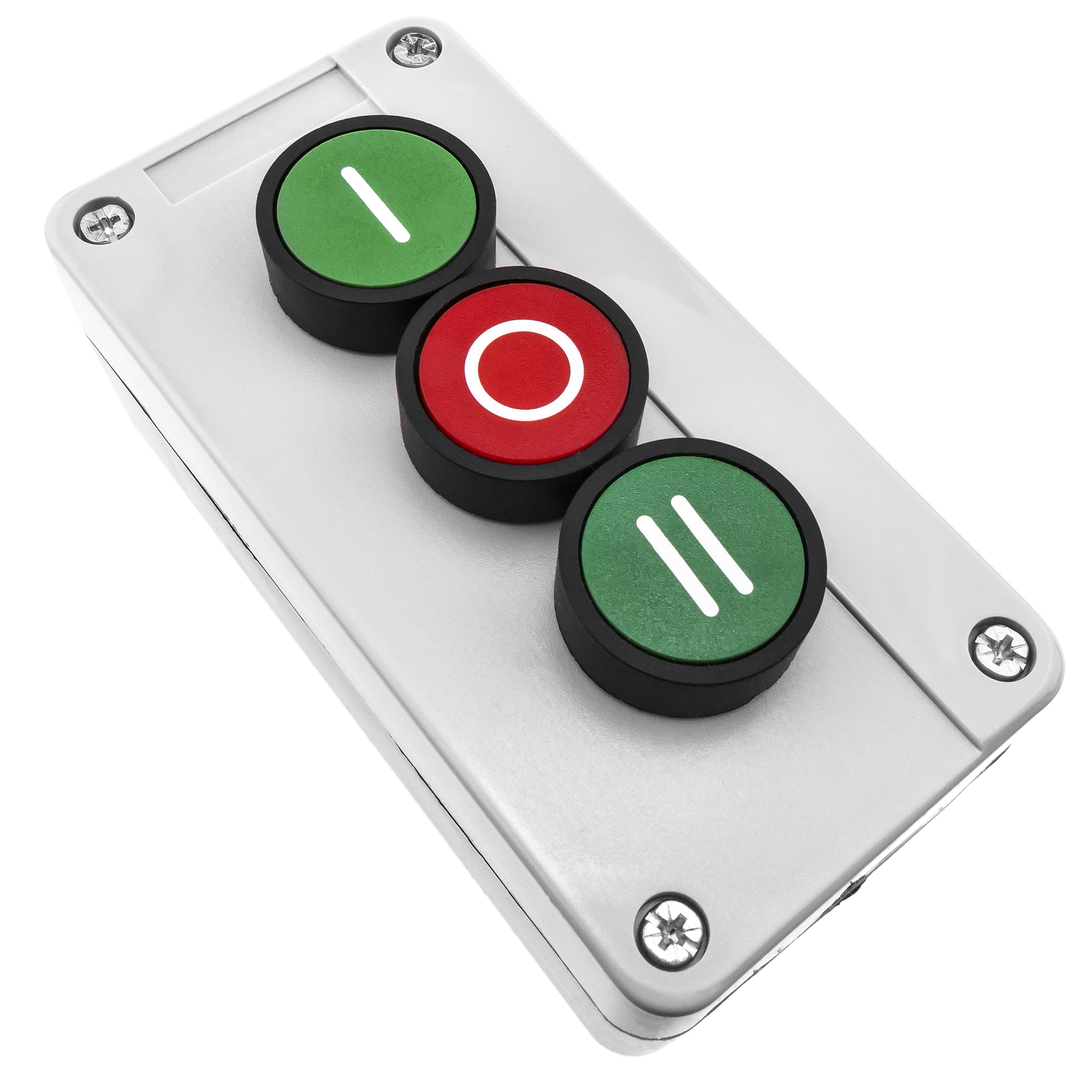 Boîte de commande avec 3 boutons poussoirs momentanés vert 1NO rouge 1NC  avec symboles - Cablematic