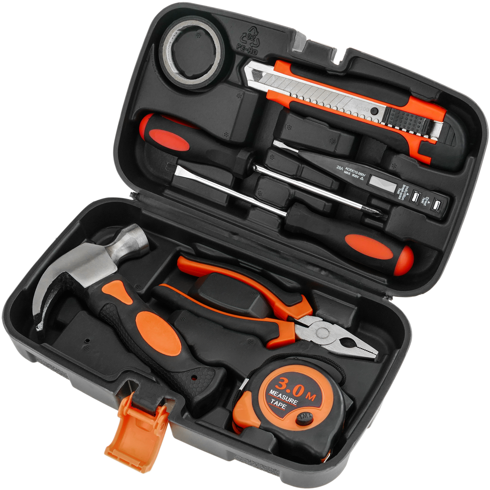 78 piece basic tool set. Screwdriver, pliers, hammer, tape measure, etc.