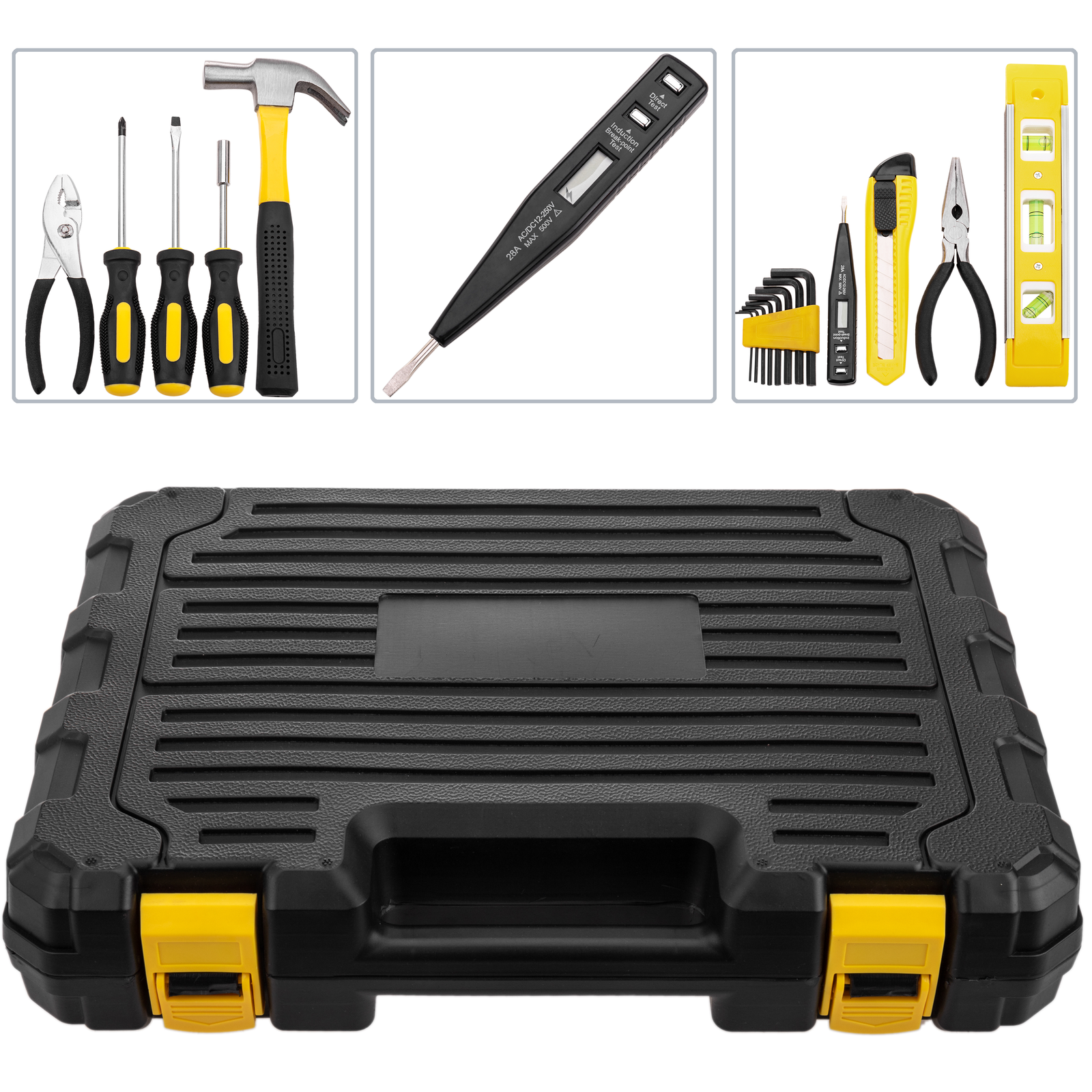 78 piece basic tool set. Screwdriver, pliers, hammer, tape measure, etc.  Cablematic