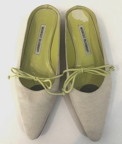 Vtg Manolo Blahnik Backless Flat Mule Womens Sz 36.5 Tan Linen/Green Bow