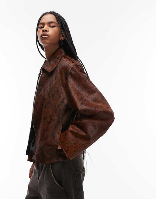 Mango 100% leather zip up jacket  deer print