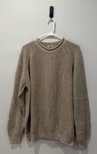 LL Bean Roll Neck Sweater LARGE Fisherman Chunky Waffle Knit Organic Cotton