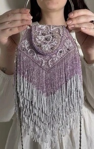 Vintage Lavender Beaded Fringe Evening Bag Handbag Floral Embroidered