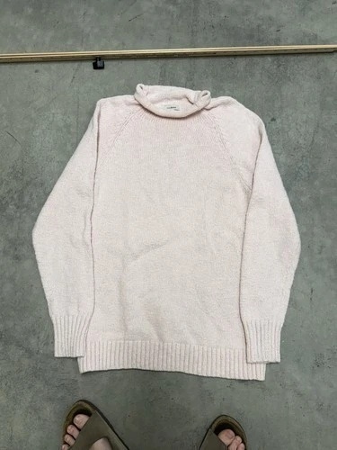 LL Bean Sweater Mens Medium Pink Roll Neck Fisherman Knit Organic Cotton