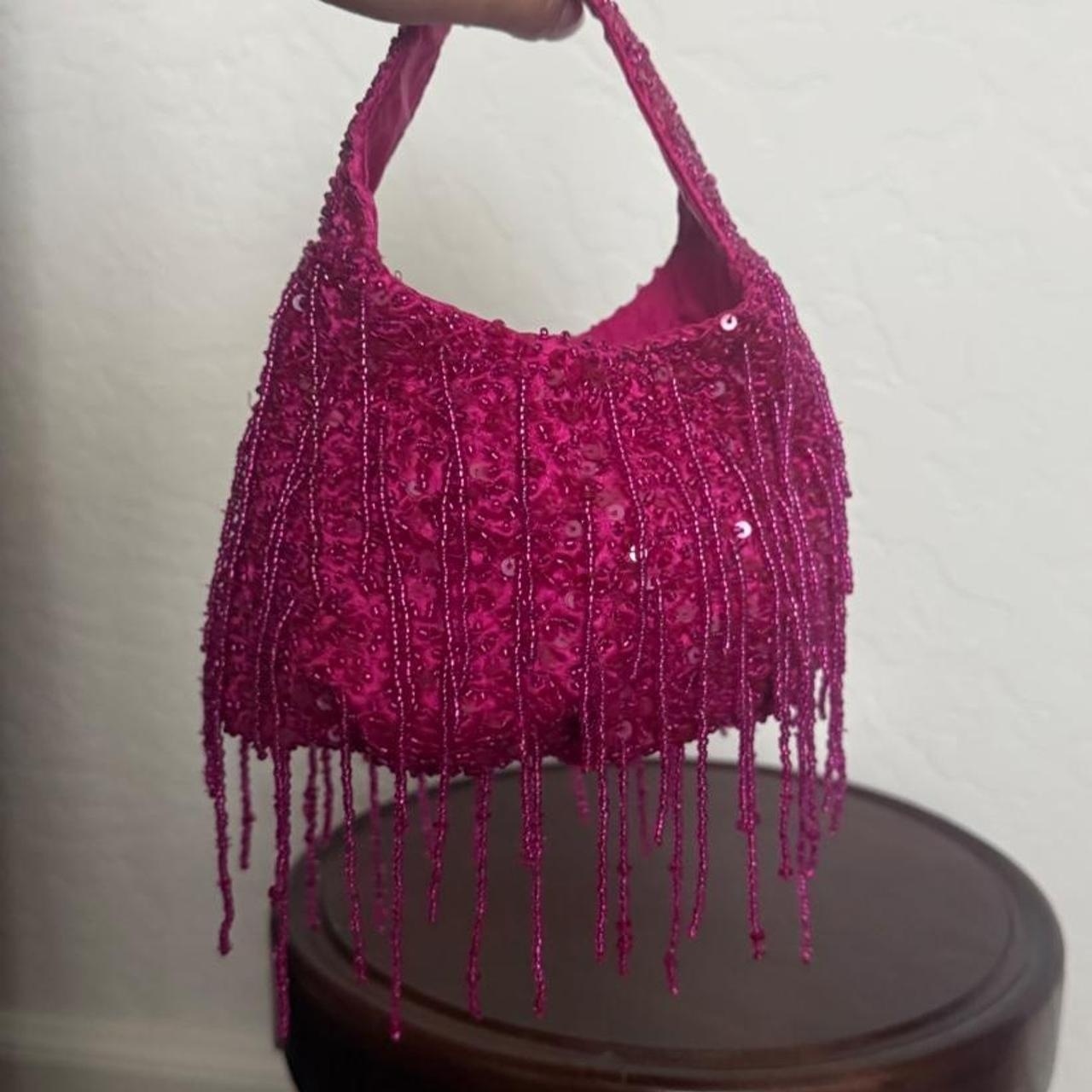 made  india mini pink fuschia beaded fringe bag...
