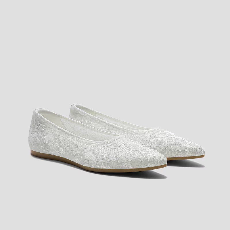 Pointed-Toe Lace Reborn Flats (Aria 5°), White Lace Embroidery, EU38