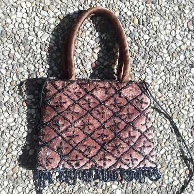 90s/Y2K Vintage Beaded Brown Velvet Purse Mini Handbag Shoulder Crossbody Boho
