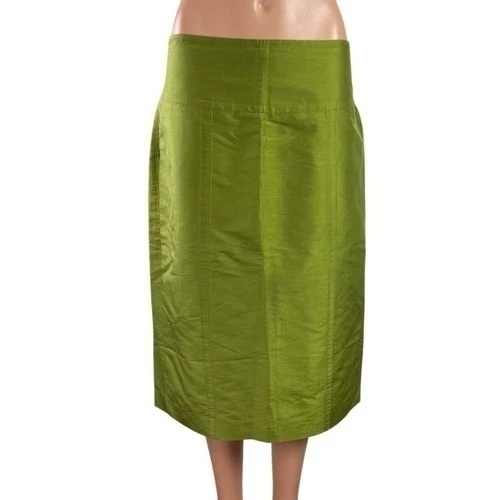 Magaschoni Womens Green Silk Satin Zip Slit Pencil Straight Midi Skirt Size M