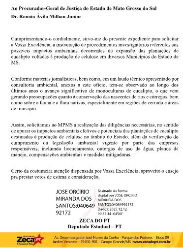 Zeca do PT pede e MP investiga danos ambientais em plantio de eucalipto