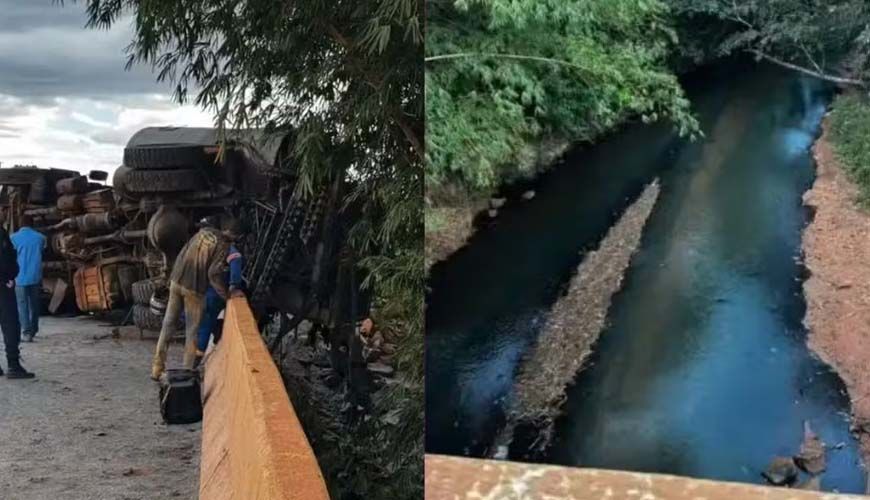 Caminhão com piche tomba em rio e compromete abastecimento de água em Colniza