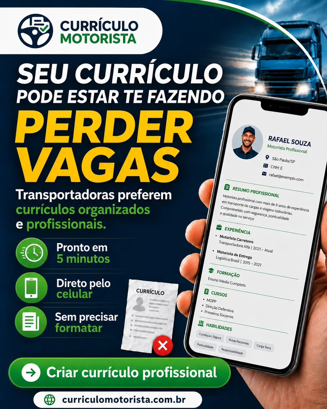 Divulgação do aplicativo curriculo motorista - Criar currículo agora