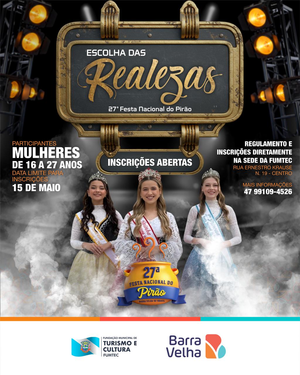 Inscrições abertas para escolha das realezas da 27ª Festa Nacional do Pirão em Barra Velha
