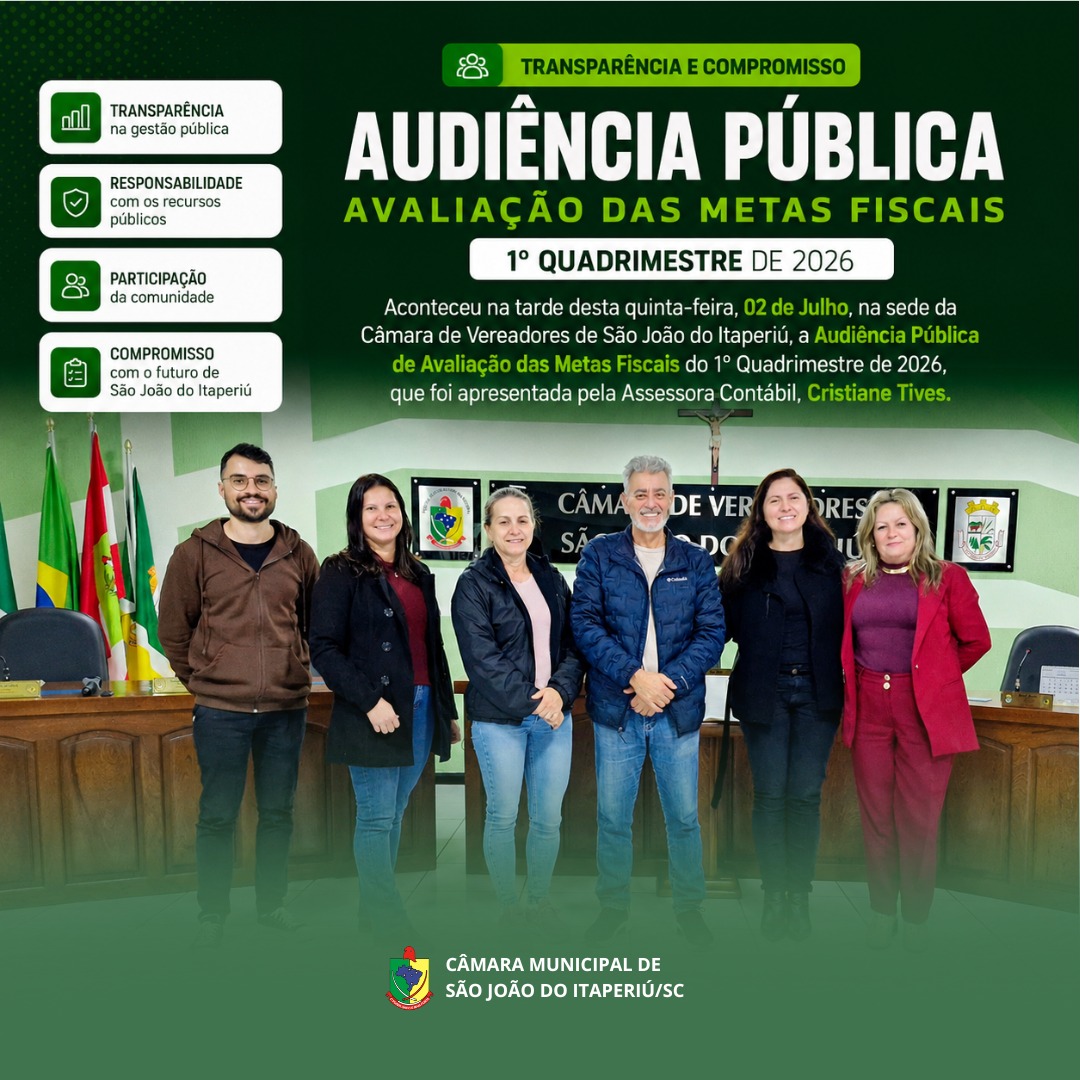 Audiência Pública apresenta prestação de contas do 1º Quadrimestre de 2026 na Câmara de Vereadores