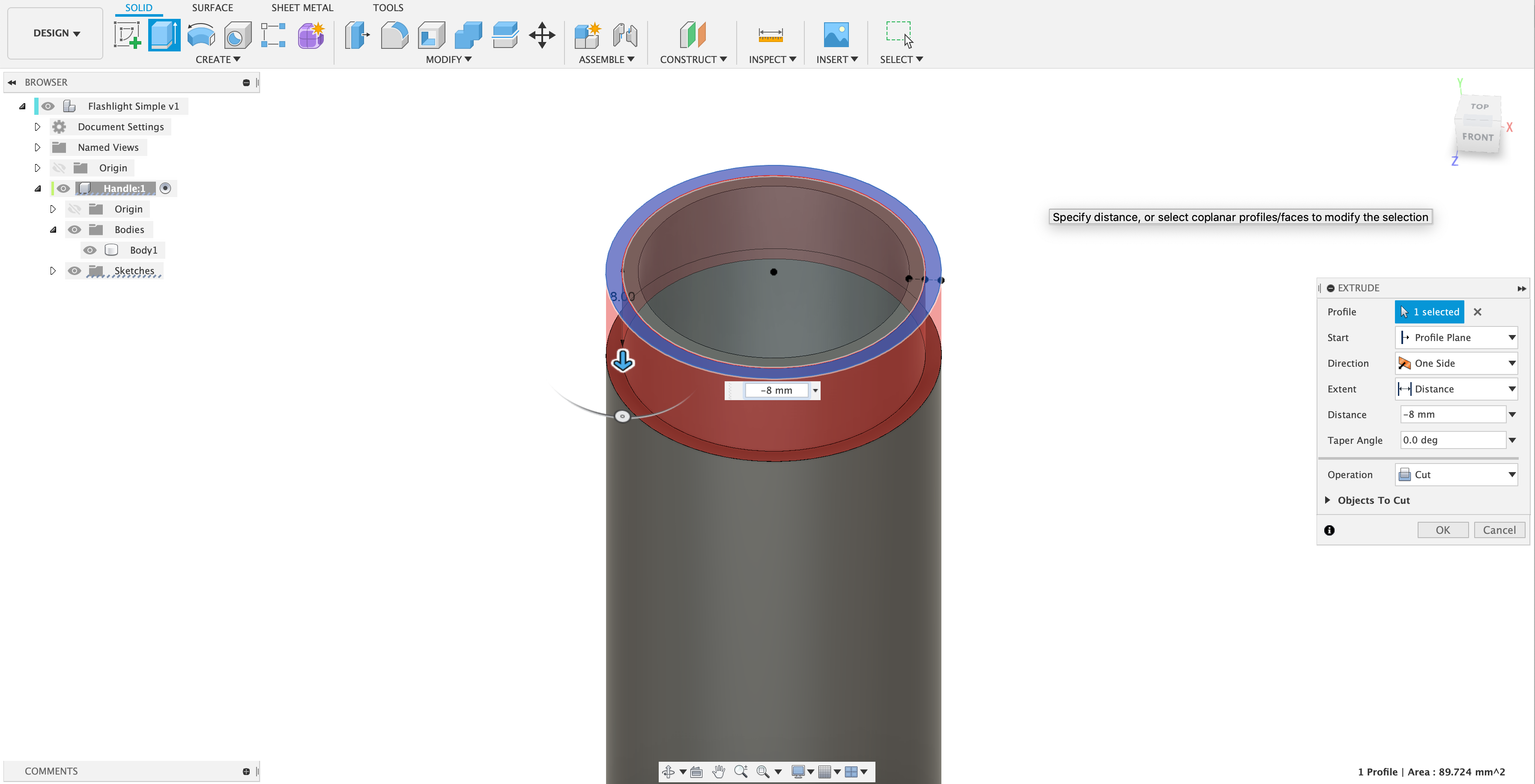 Showing an extruded cut into the flashlight handle wall