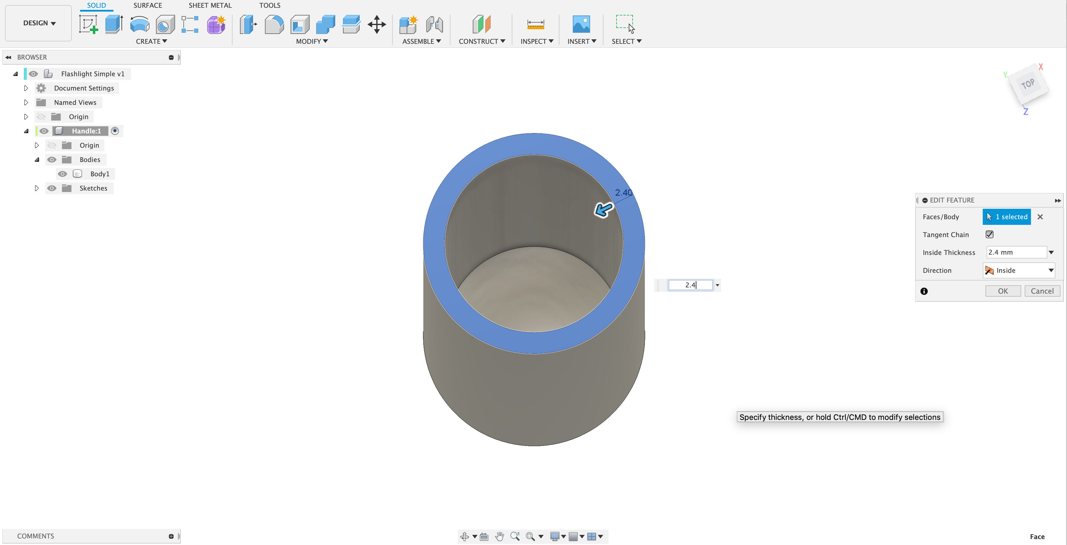 Screenshot showing the flashlight handle being shelled