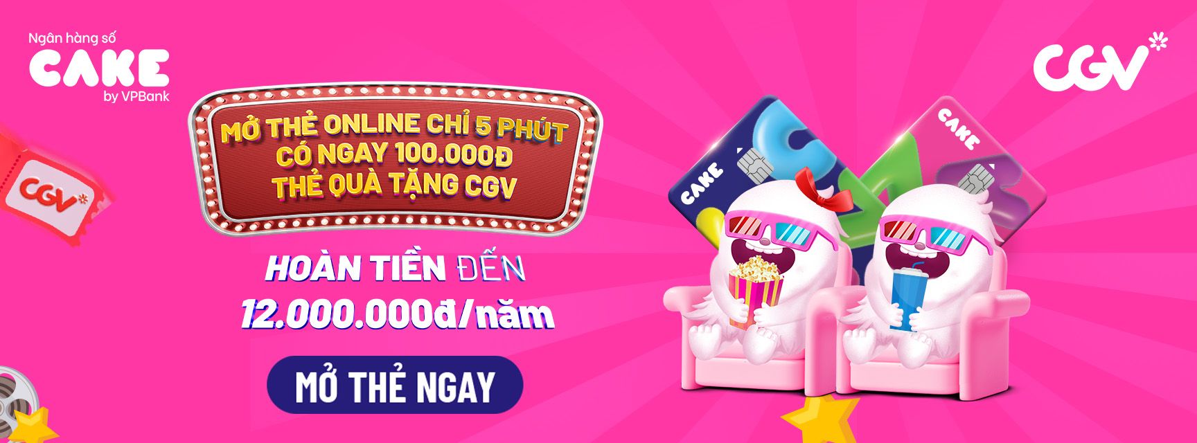 Tặng ngay mã thẻ quà tặng CGV trị giá 100.000đ dành cho chủ thẻ tín dụng Cake Freedom