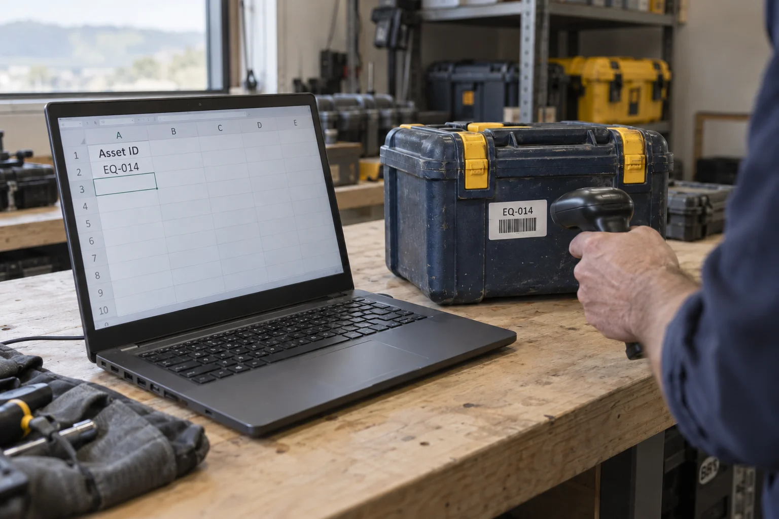 A barcode scanner reads equipment labelled EQ-014 while a spreadsheet shows the identifier and the next cell selected.