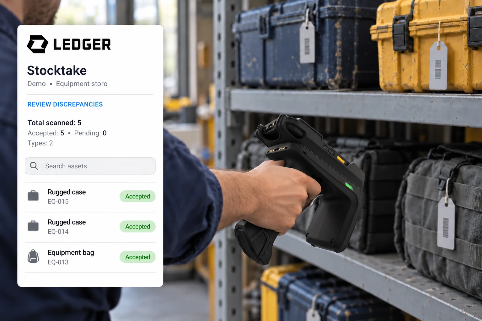 An operator scans downward with a Zebra RFD40 beside a Ledger stocktake demo showing accepted asset records.