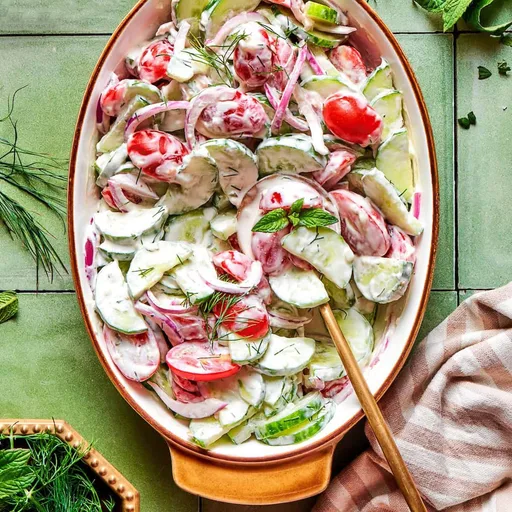 Ensalada de Pepino y Tomate con Aderezo Cremoso de Hierbas