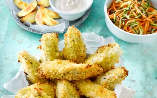 Chicken Schnitzel with Courgette and Carrot Salad and Garlic Aioli