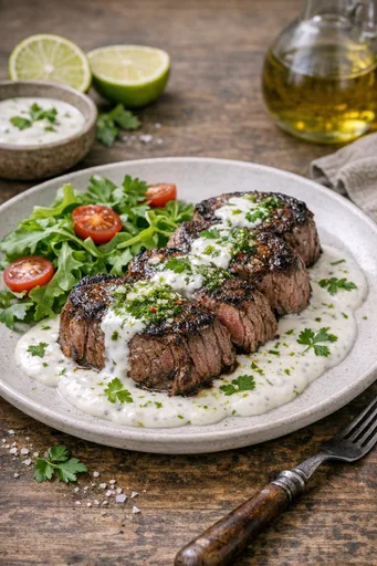 Solomillo de ternera con salsa de yogur y lima