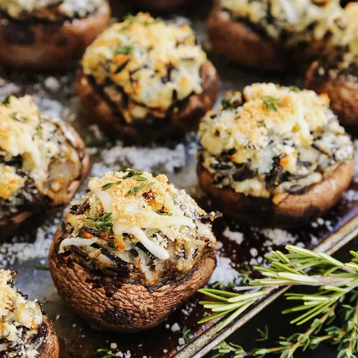 Champiñones rellenos de puré de patata y arroz salvaje