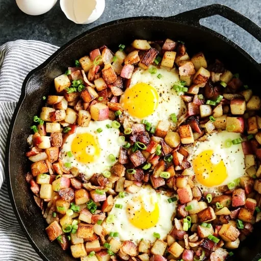 Skillet Fried Potato Hash with Bacon and Eggs