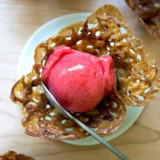 Strawberry Sorbet in Almond Butterscotch Cookie Cups