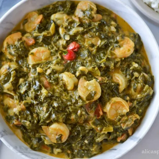 Bhaji con gambas al estilo guyanés (espinacas salteadas)