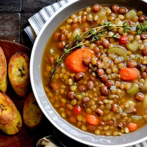 Lentil and Pigeon Pea Soup with Broiled Plantains