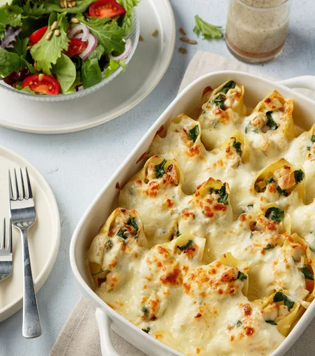 Conchas de pasta con pollo Alfredo