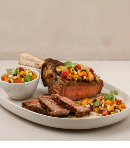 Chuleta de ternera añejada a las 5 especias y salsa de manzana a la parrilla