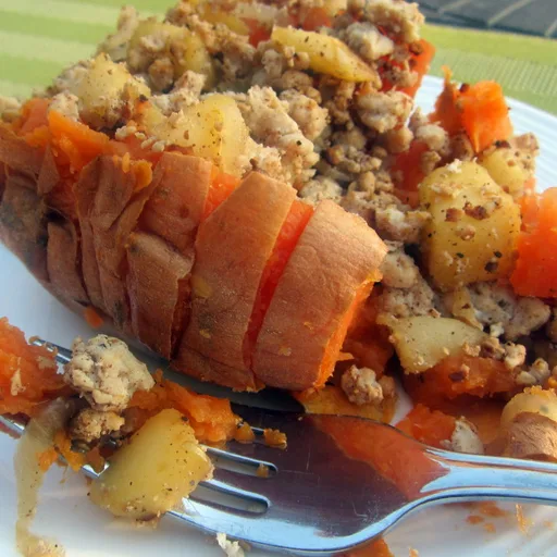 Stuffed Sweet Potatoes with Turkey, Caramelized Onions & Apple