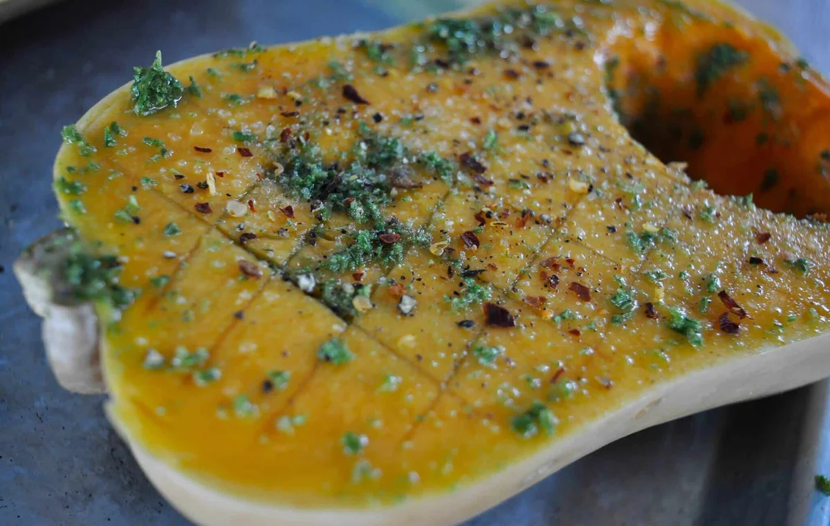 Herb roasted squash with goats curd & pistachios