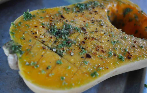 Herb roasted squash with goats curd & pistachios