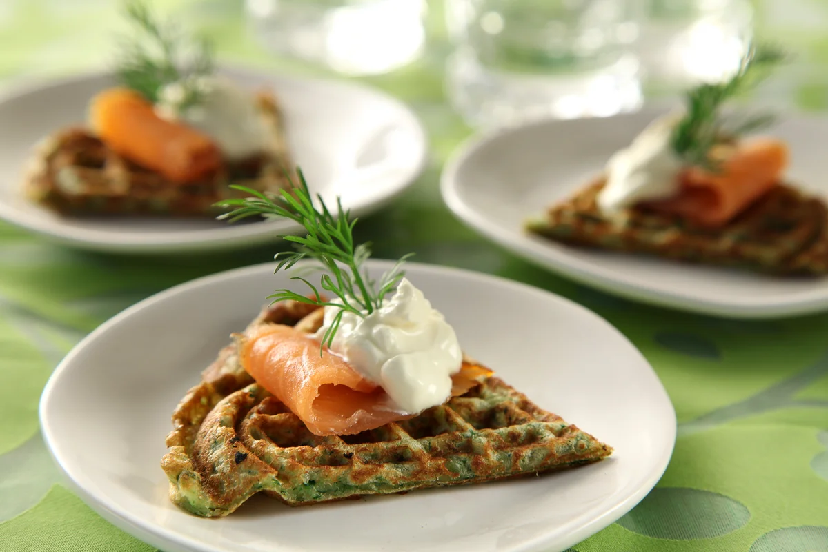 Spinach waffles with salmon