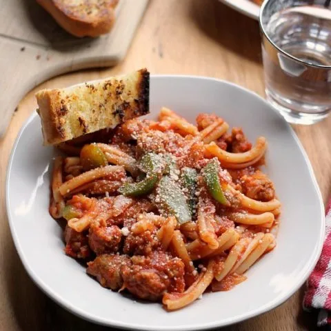Spicy Sausage Pasta Marinara with Perfect Garlic Bread