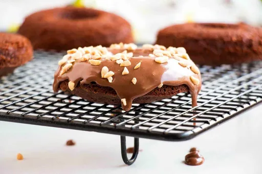 Baked Chocolate Cake Donuts Topped With Nutella Glaze