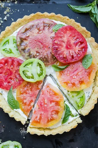 Tarta de requesón y tomates antiguos (sin gluten)