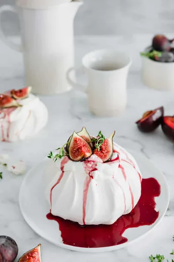 Fig & Thyme Pavlova with Spicy Red Wine Plum Syrup