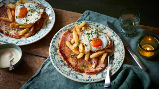 Air fryer gammon with fried eggs and garlic butter fries